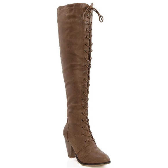 New Tan Over the Knee Combat Lace Up Heel Boots - Picture 2 of 6